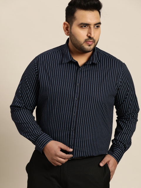 Sztori Men Plus Size Blue & Off-White Yarn Dyed Striped Cotton Formal Shirt