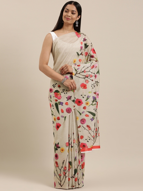 cbazaar Beige & Pink Floral Printed Saree