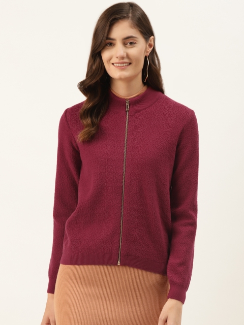 Madame Women Maroon Woven Design Cardigan