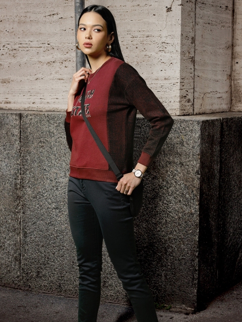 Madame Women Maroon & Black Typographic Print Sweatshirt