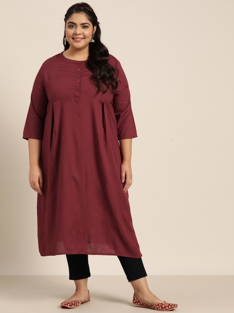 Sztori Women Plus Size Maroon Solid Pleated Straight Kurta