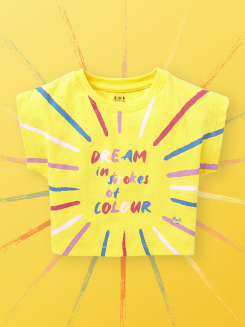 Ed-a-Mamma Girls Yellow Typography Printed Extended Sleeves Crop Sustainable Pure Cotton T-shirt 
Ed-a-Mamma Girls Yellow Typography Printed Extended Sleeves Crop Sustainable Pure Cotton T-shirt