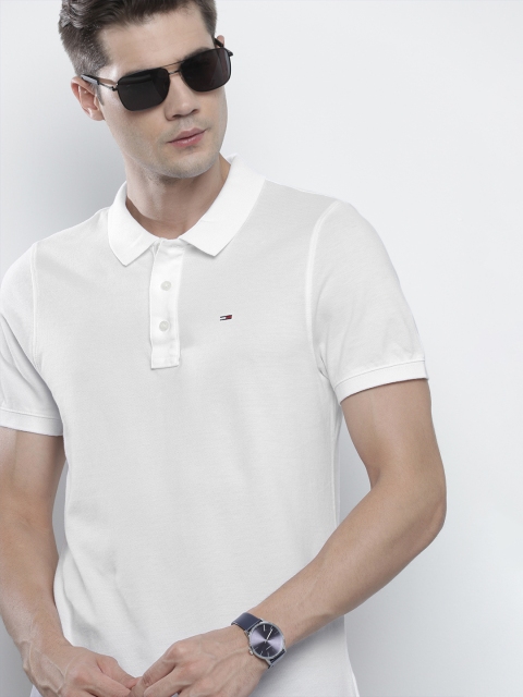 Tommy Hilfiger Men White Solid Polo Collar Pure Cotton T-shirt