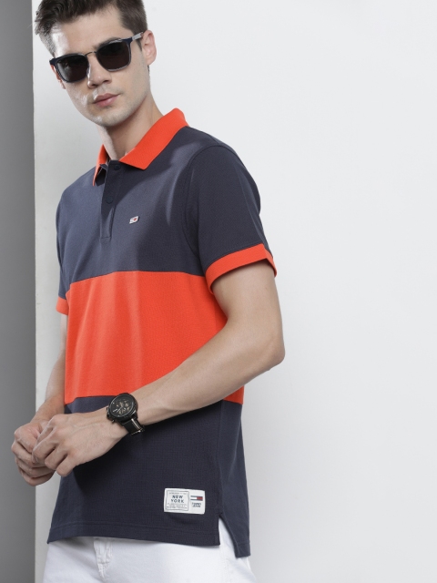 Tommy Hilfiger Men Navy Blue Orange Colourblocked Polo Collar Pure Cotton T-shirt