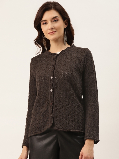 American Eye Women Brown Self-Design Cardigan