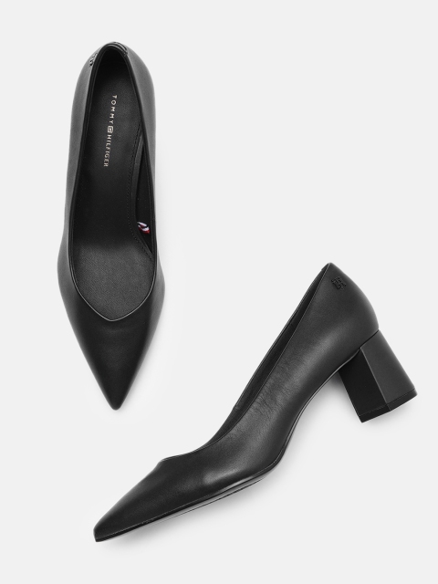 Tommy Hilfiger Black Leather Pointed Toe Block Pumps
