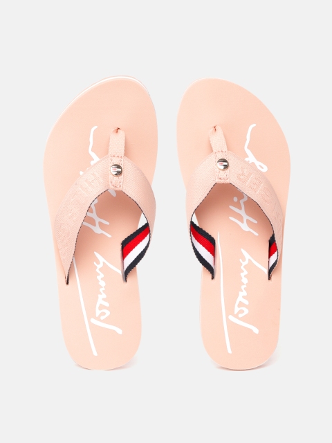 Tommy Hilfiger Women Peach-Coloured & White Brand Logo Print Thong Flip-Flops
