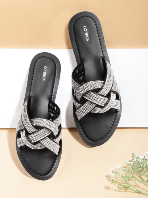 CORSICA Women Silver-Toned Embellished Open Toe Flats