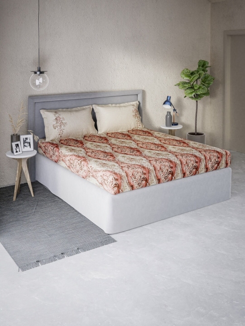 DDecor Beige & Red Ethnic Motifs 130 TC Queen Bedsheet with 2 Pillow Covers