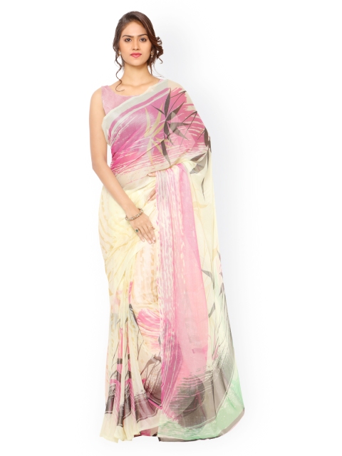 Ligalz Yellow & Pink Georgette Printed Saree