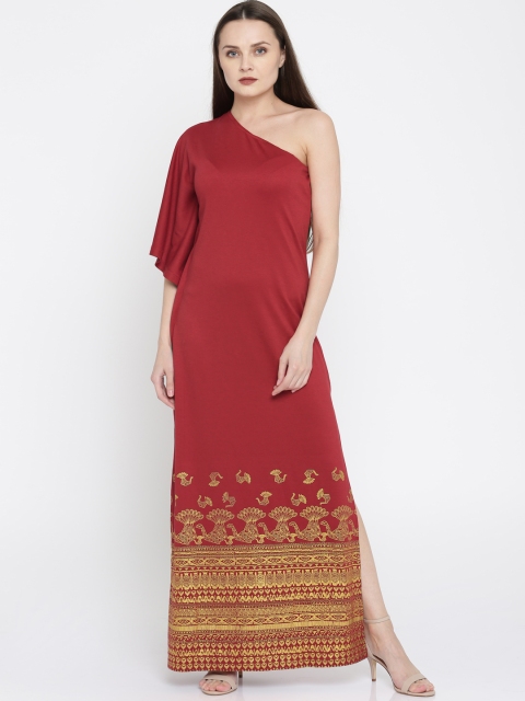 Global Desi Women Red Solid One-Shoulder Dress