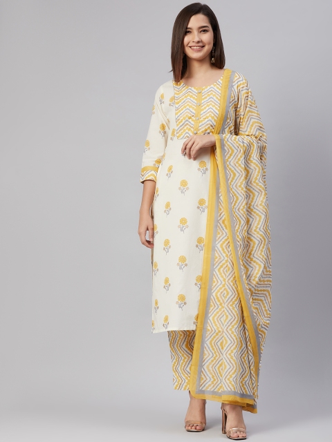 AHIKA Women Off White & Mustard Yellow Floral Pure Cotton Kurta with Trousers & Dupatta
AHIKA Women Off White & Mustard Yellow Floral Pure Cotton Kurta with Trousers & Dupatta
