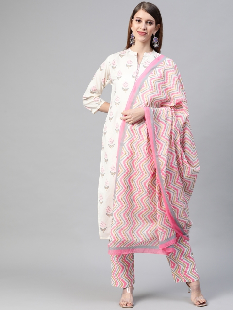 AHIKA Women Off White & Pink Floral Printed Pure Cotton Kurta with Trousers & With Dupatta
AHIKA Women Off White & Pink Floral Printed Pure Cotton Kurta with Trousers & With Dupatta