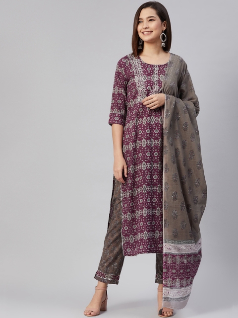 AHIKA Women Burgundy & Taupe Printed Mirror Work Cotton Kurta Set