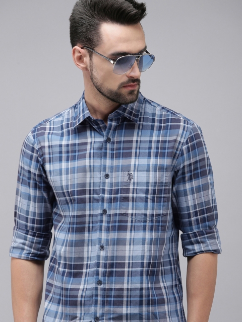 U S Polo Assn Men Blue And White Tailored Fit Tartan Checked Pure Cotton Casual Shirt