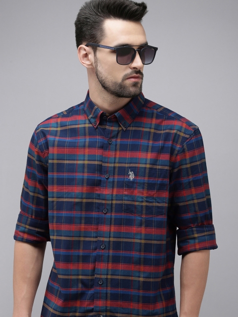 U S Polo Assn Men Navy Blue And Red Tailored Fit Checked Pure Cotton Casual Shirt