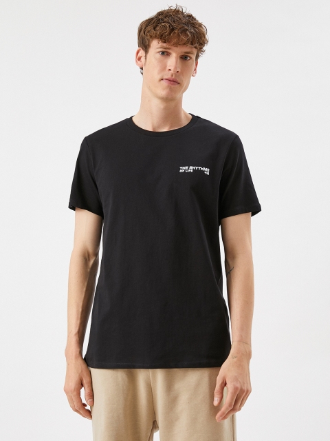Koton Men Black & White Typography Printed Back Cotton T-shirt