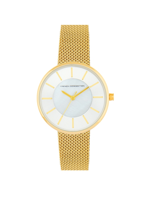 French Connection Women White Mother of Pearl Dial & Gold-Plated Stainless Steel Bracelet Style Straps Watch
French Connection Women White Mother of Pearl Dial & Gold-Plated Stainless Steel Bracelet Style Straps Watch