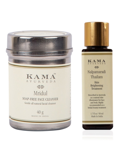 KAMA AYURVEDA Set of Sustainable Mridul Soap-Free Face Cleanser & Nalpamaradi Thailam, Off white
KAMA AYURVEDA Set of Sustainable Mridul Soap-Free Face Cleanser & Nalpamaradi Thailam, Off white
