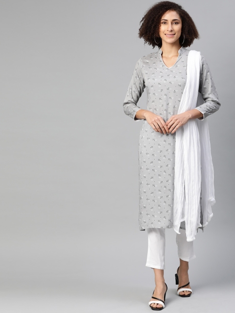 Ives Women Grey & White Floral Printed Kurta with Trousers & With Dupatta
Ives Women Grey & White Floral Printed Kurta with Trousers & With Dupatta