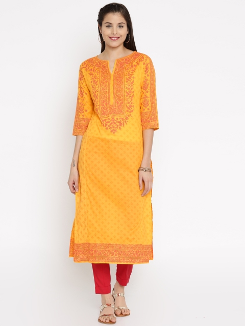 Vishudh Women Yellow Printed Straight Kurta
