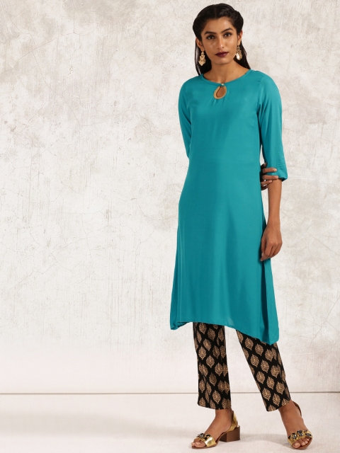 Anouk Blue & Black Printed Kurta with Trousers