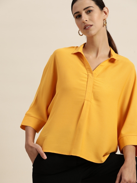 her by invictus Mustard Yellow Solid Extended Sleeves Shirt Style Top