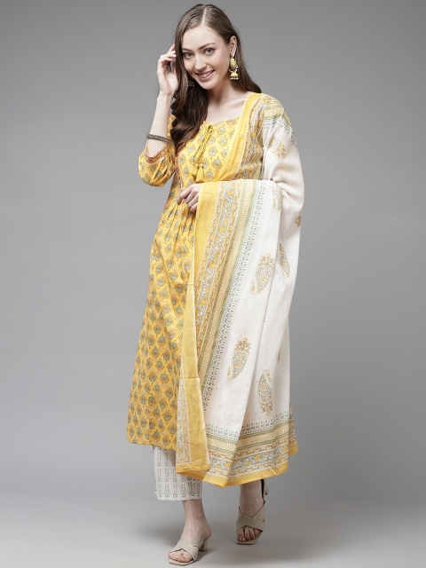 Yufta Women Yellow & Off-White Block Printed Pure Cotton Kurta with Trousers & Dupatta
Yufta Women Yellow & Off-White Block Printed Pure Cotton Kurta with Trousers & Dupatta