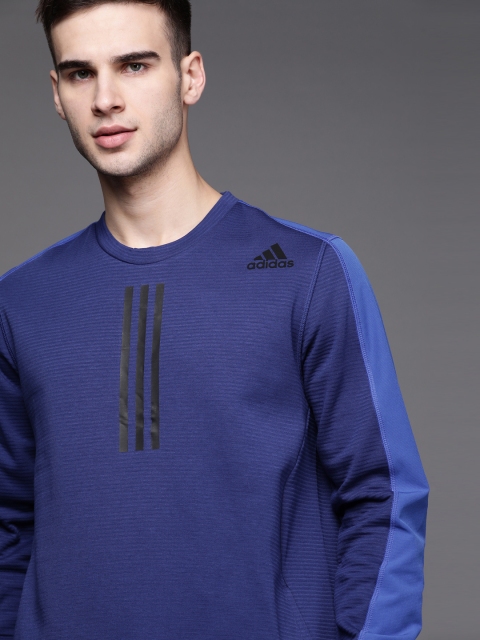 ADIDAS Men Blue Self-Striped Sustainable Sweatshirt