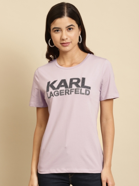 COVER STORY Women Lavender Typography Embroidered T-shirt
