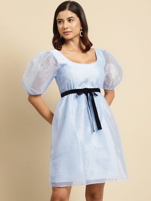 COVER STORY Women Blue Solid Net A-Line Dress