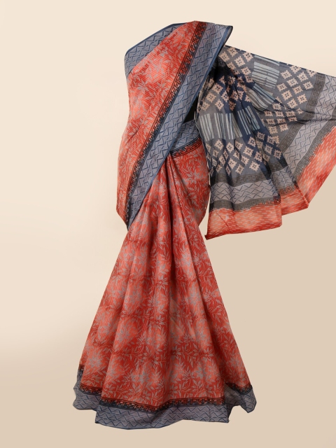 Pothys Rust & Blue Printed Floral Pure Cotton Saree