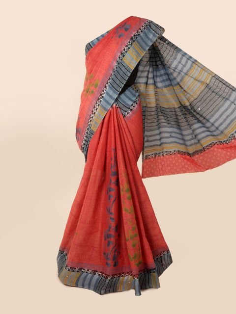 Pothys Red & Grey Printed Cotton Mirror Work Saree