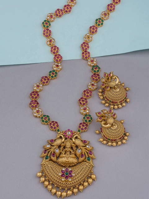 Alankruthi Women Gold-Plated Pink & Green Stone-Studded & Beaded Temple Jewellery Set
Alankruthi Women Gold-Plated Pink & Green Stone-Studded & Beaded Temple Jewellery Set