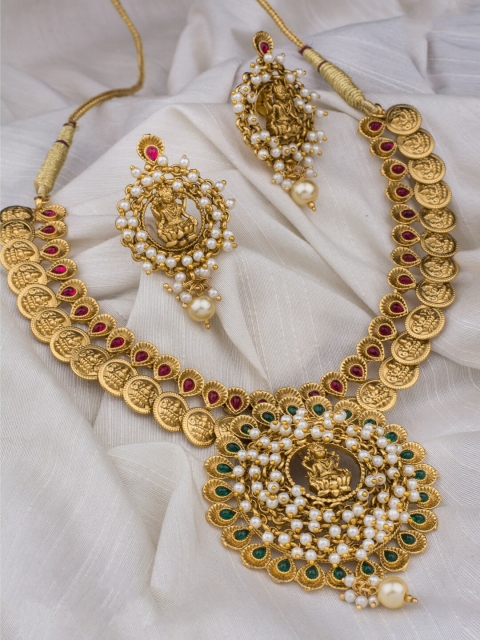 Alankruthi Women Gold-Plated Pink & Green Stone-Studded & Beaded Temple Jewellery Set
Alankruthi Women Gold-Plated Pink & Green Stone-Studded & Beaded Temple Jewellery Set