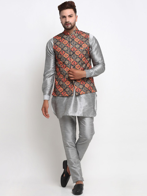 Benstoke Men Grey Dupion Silk Kurta & Pyjamas with Nehru Jacket 
Benstoke Men Grey Dupion Silk Kurta & Pyjamas with Nehru Jacket