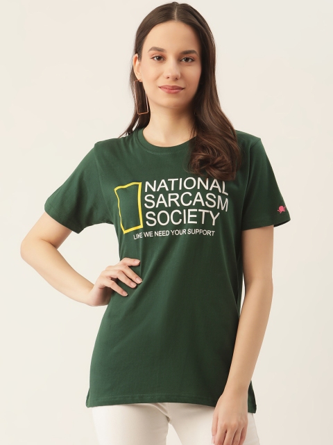PRINTOCTOPUS Women Green & White Typography Print Pure Cotton T-shirt