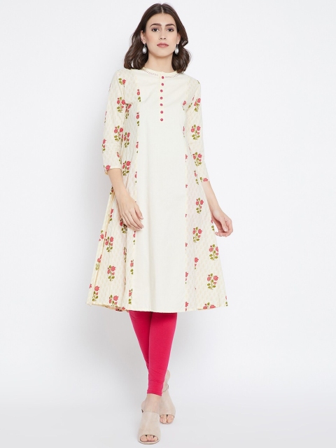 Be Indi Women Cream-Coloured Floral Printed Kurta