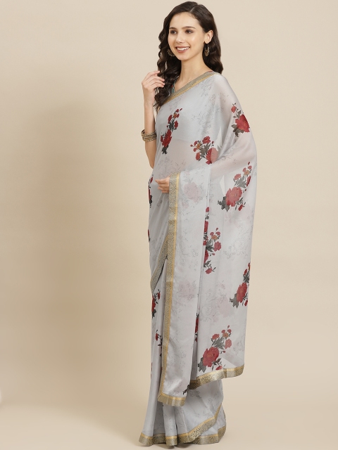 SHANGRILA Grey & Red Floral Pure Georgette Saree