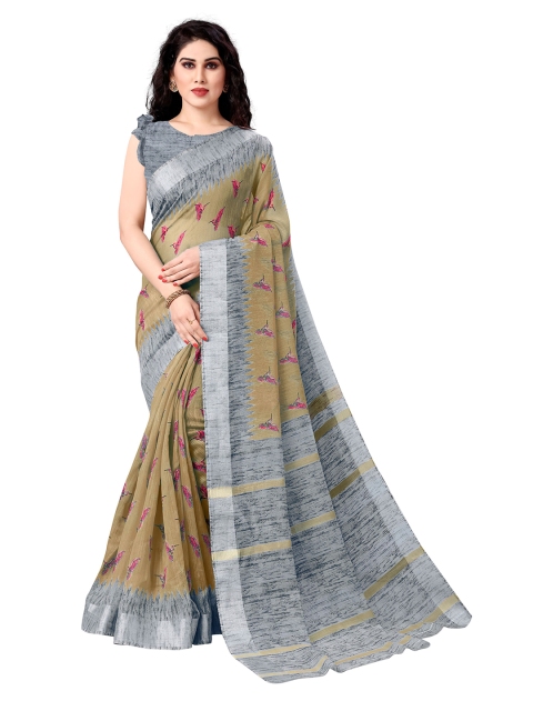 KALINI Khaki & Grey Bagh Printed Poly Cotton Saree