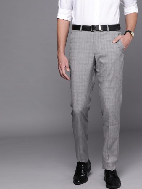 Louis Philippe Men Grey Checked Slim Fit Low-Rise Trousers