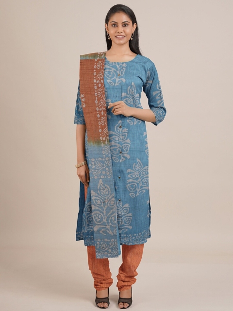 Pothys Blue & Orange Printed Unstitched Dress Material