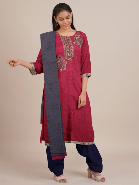 Pothys Pink & Blue Embellished Unstitched Dress Material