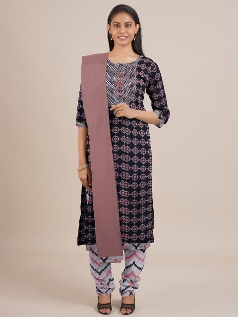 Pothys Grey & Black Printed Unstitched Dress Material
