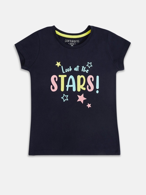 Pantaloons Junior Girls Pure Cotton Navy Blue Typography Printed Pure Cotton T-shirt
