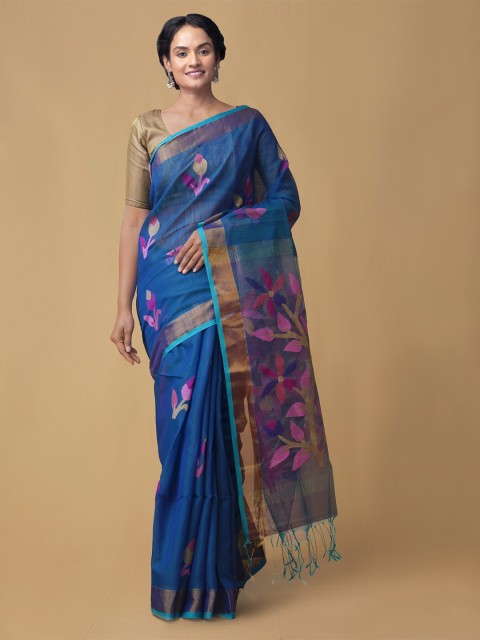 Unnati Silks Blue & Pink Floral Zari Silk Cotton Handloom Sustainable Maheshwari Saree