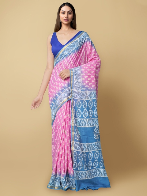 Unnati Silks Pink & Blue Ethnic Motifs Pure Cotton Handloom Sustainable Block Print Saree
Unnati Silks Pink & Blue Ethnic Motifs Pure Cotton Handloom Sustainable Block Print Saree