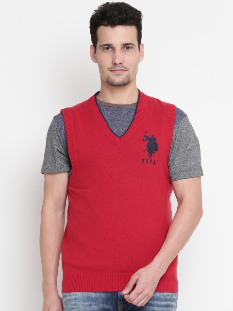 U.S. Polo Assn. Men Red Solid Sleeveless Sweater