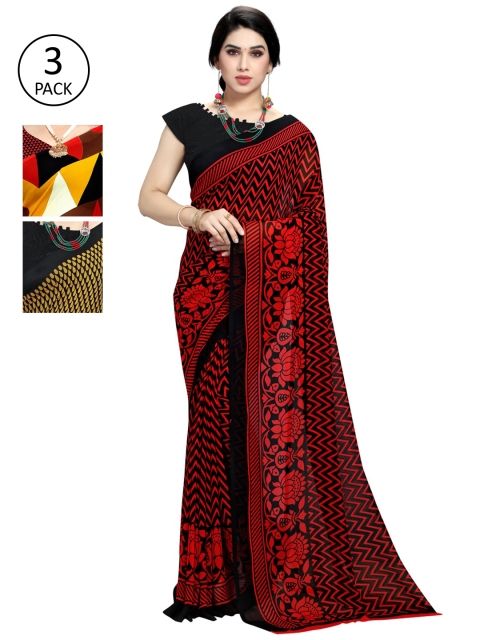 KALINI Pack Of 3 Multicoloured Printed Sarees, Black