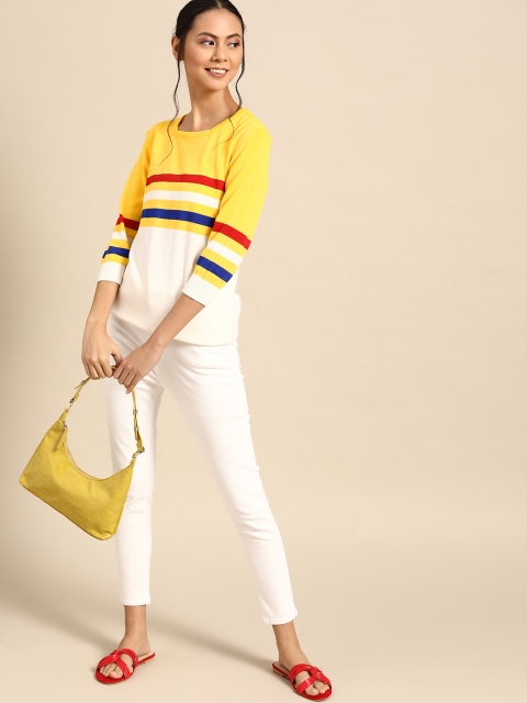 United Colors of Benetton Women Yellow & Navy Blue Striped Pullover Sweater
